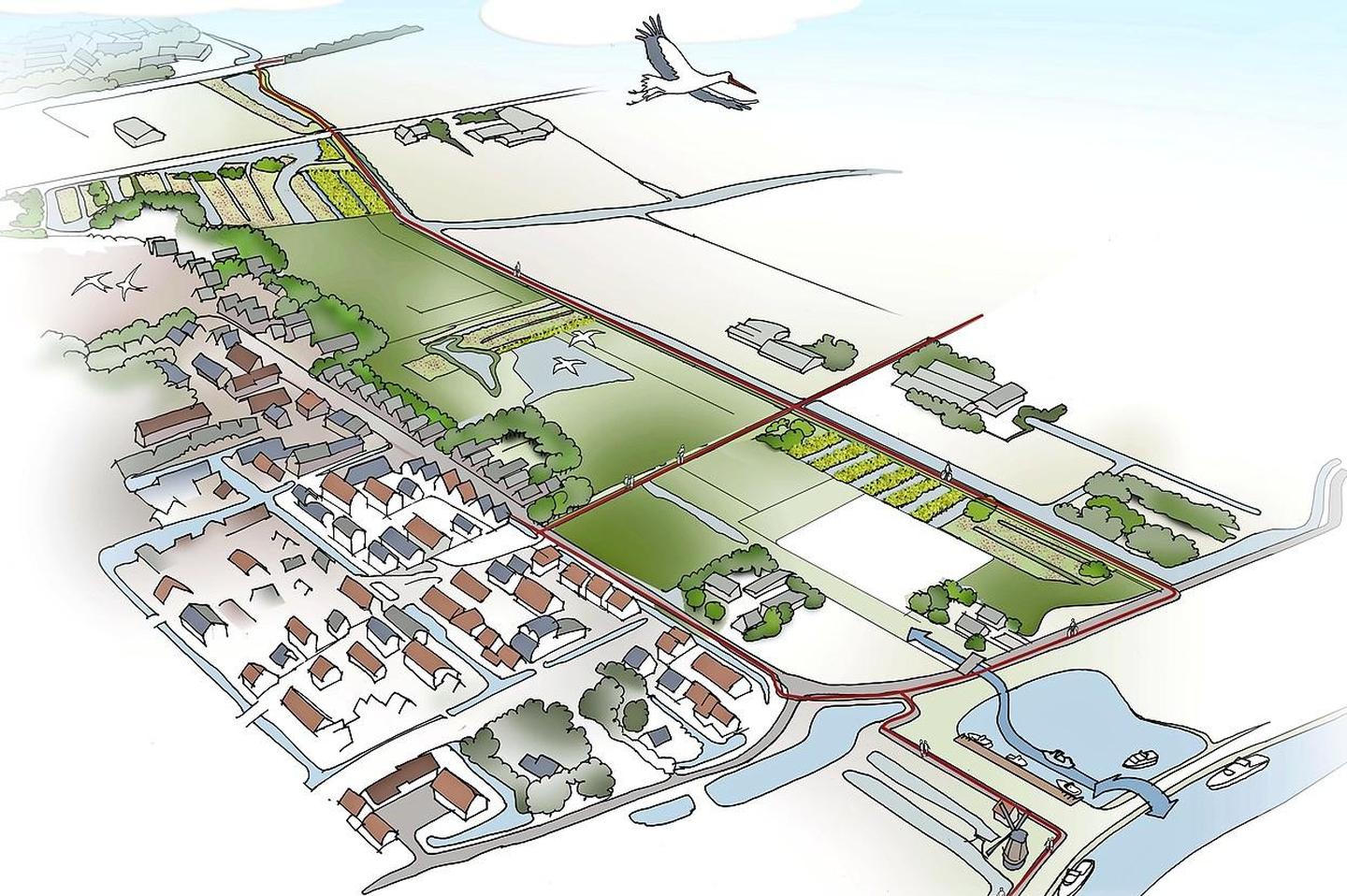 Een impressie van De Groene Loper die langs de noordkant van Sint Pancras loopt richting het Geestme © Illustratie Recreatieschap Geestmerambacht